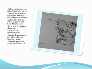 •É ativa e coopera com
os adultos e seus pares;
•Desenvolve sua auto-
estima por meio das
relações que estabelece;
•Desenvolve espírito
crítico e valores por
meio da educação;
•É o centro do processo
educativo;
•Constrói seu
conhecimento;
•É capaz de aprender a
aprender, a fazer, a
conviver e a ser;
•Pode ser agente de
transformação social.
 