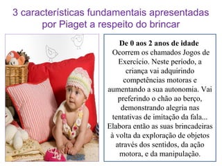 3 características fundamentais apresentadas
por Piaget a respeito do brincar
De 0 aos 2 anos de idade
Ocorrem os chamados Jogos de
Exercício. Neste período, a
criança vai adquirindo
competências motoras e
aumentando a sua autonomia. Vai
preferindo o chão ao berço,
demonstrando alegria nas
tentativas de imitação da fala...
Elabora então as suas brincadeiras
à volta da exploração de objetos
através dos sentidos, da ação
motora, e da manipulação.

 