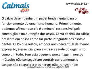 O cálcio desempenha um papel fundamental para o
funcionamento do organismo humano. Primeiramente,
podemos afirmar que ele é o mineral responsável pela
construção e manutenção dos ossos. Cerca de 99% do cálcio
presente em nosso corpo faz parte integrante dos ossos e
dentes. O 1% que restou, embora num percentual de menor
expressão, é essencial para a vida e a saúde do organismo
como um todo. Sem esta pequena porcentagem, nossos
músculos não conseguiriam contrair corretamente, o
sangue não coagularia e os nervos não transmitiriam
contato@calcio.ind.br / Telefone: (49) 3433.0100
www.calcio.ind.br
 