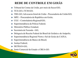 REDE DE CONTROLE EM GOIÁS
Tribunal de Contas da União, por meio da Secex/GO;
TCE-GO e TCM-GO;
TRE-GO; Advocacia-Geral da União - Procuradoria da União/GO;
MPU - Procuradoria da República em Goiás;
CGU - Controladoria-Regional/GO;
Superintendência da Polícia Federal;
Ministério Público Estadual;
Secretaria de Fazenda - GO;
Delegacia da Receita Federal do Brasil de Goiânia e de Anápolis;
Superintendência Regional Norte e Sul de Goiás da CAIXA;
Superintendência do Banco do Brasil;
Justiça Federal;
DETRAN-GO;
Junta Comercial do Estado e CREA-GO.
 