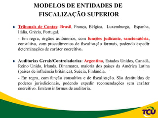 MODELOS DE ENTIDADES DE
FISCALIZAÇÃO SUPERIOR
Tribunais de Contas: Brasil, França, Bélgica, Luxemburgo, Espanha,
Itália, Grécia, Portugal.
- Em regra, órgãos autônomos, com funções judicante, sancionatória,
consultiva, com procedimentos de fiscalização formais, podendo expedir
determinações de caráter coercitivo.
Auditorias Gerais/Controladorias: Argentina, Estados Unidos, Canadá,
Reino Unido, Irlanda, Dinamarca, maioria dos países da América Latina
(países de influência britânica), Suécia, Finlândia.
- Em regra, com função consultiva e de fiscalização. São destituídos de
poderes jurisdicionais, podendo expedir recomendações sem caráter
coercitivo. Emitem informes de auditoria.
 