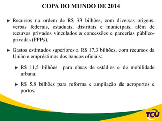 Recursos na ordem de R$ 33 bilhões, com diversas origens,
verbas federais, estaduais, distritais e municipais, além de
recursos privados vinculados a concessões e parcerias público-
privadas (PPPs).
Gastos estimados superiores a R$ 17,3 bilhões, com recursos da
União e empréstimos dos bancos oficiais:
R$ 11,5 bilhões para obras de estádios e de mobilidade
urbana;
R$ 5,8 bilhões para reforma e ampliação de aeroportos e
portos.
COPA DO MUNDO DE 2014
 