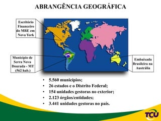 ABRANGÊNCIA GEOGRÁFICA
• 5.560 municípios;
• 26 estados e o Distrito Federal;
• 154 unidades gestoras no exterior;
• 2.123 órgãos/entidades;
• 3.441 unidades gestoras no país.
Escritório
Financeiro
do MRE em
Nova York
Município de
Serra Nova
Dourada - MT
(562 hab.)
 