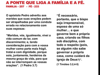A PONTE QUE LIGA A FAMÍLIA E A FÉ.
FAMILIA – 257 - FÉ - 233
O apóstolo Pedro advertiu aos
maridos que suas orações podem
ser atrapalhadas por uma conduta
errada no relacionamento com
suas esposas:
“Maridos, vós, igualmente, vivei a
vida comum do lar, com
discernimento; e, tendo
consideração para com a vossa
mulher como parte mais frágil,
tratai-a com dignidade, porque
sois, juntamente, herdeiros da
mesma graça de vida, para que
não se interrompam as vossas
orações”. (1 Pedro 3.7)
“É necessário,
portanto, que o bispo
seja irrepreensível,
esposo de uma só
mulher… e que
governe bem a própria
casa, criando os filhos
sob disciplina, com
todo o respeito (pois,
se alguém não sabe
governar a própria
casa, como cuidará da
igreja de Deus?)”.
(1 Timóteo 3.2,4-5)
 