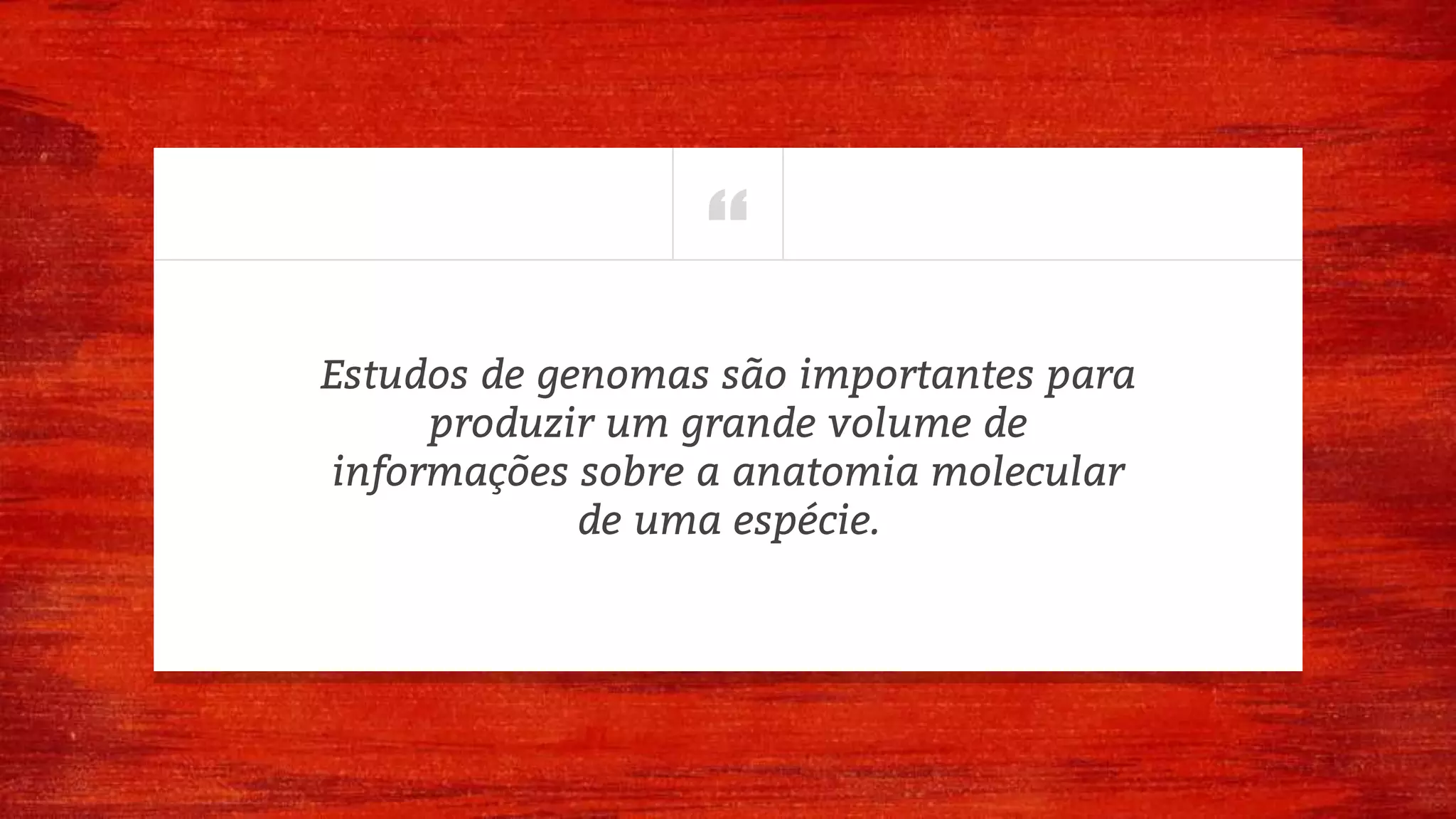 “
Estudos de genomas são importantes para
produzir um grande volume de
informações sobre a anatomia molecular
de uma espécie.
 