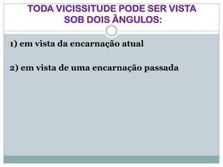 TODA VICISSITUDE PODE SER VISTA
           SOB DOIS ÂNGULOS:

1) em vista da encarnação atual

2) em vista de uma encarnação passada
 