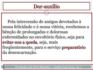 Dor-auxílio

   Pela intercessão de amigos devotados à
nossa felicidade e à nossa vitória, recebemos a
bênção de prolongadas e dolorosas
enfermidades no envoltório físico, seja para
evitar-nos a queda, seja, mais
freqüentemente, para o serviço preparatório
da desencarnação.


      Evolução em Dois Mundos – André Luiz (cap. 19 )
 