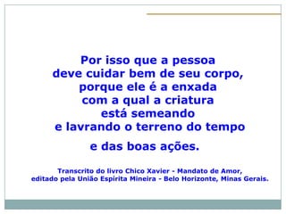 Por isso que a pessoa
     deve cuidar bem de seu corpo,
         porque ele é a enxada
          com a qual a criatura
            está semeando
     e lavrando o terreno do tempo
                e das boas ações.

       Transcrito do livro Chico Xavier - Mandato de Amor,
editado pela União Espírita Mineira - Belo Horizonte, Minas Gerais.
 