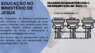 EDUCAÇÃO NO
MINISTÉRIO DE
JESUS • ÉTICA DO REINO (Mt 5-7)
• MISSÃO DO REINO (Mt 10)
• APRESENTAÇÃO DO REINO (Mt 13)
• REPRESENTANTE DO REINO (Mt 18)
• ESCATOLOGIA DO REINO (Mt 24-25)
No Evangelho de Mateus encontramos
não somente a representação de Jesus
como o Messias, mas também como Rabi,
ou seja, Mestre. Mateus organiza seu
evangelho de forma a demonstrar a
qualidade pedagógica de Jesus.
Seu ensino não se apresentava como o
dos fariseus, mas era apresentado com
autoridade (Mt 7.28-29).
BLOCOS DE ENSINO DE JESUS
NO EVANGELHO DE MATEUS
PREGAÇÃO ENSINO MILAGRES
PILARES DO MINISTÉRIO DE
JESUS (MT 4.23; MT 9.35)
 