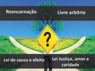 Reencarnação Livre arbítrio 
Lei de causa e efeito Lei Justiça, amor e 
caridade 
 