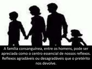 A família consanguínea, entre os homens, pode ser 
apreciada como o centro essencial de nossos reflexos. 
Reflexos agradáveis ou desagradáveis que o pretérito 
nos devolve. 
 