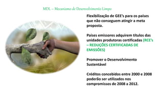MDL – Mecanismo de Desenvolvimento Limpo
Flexibilização de GEE’s para os países
que não conseguem atingir a meta
proposta.
Países emissores adquirem títulos das
unidades produtoras certificadas (RCE’s
– REDUÇÕES CERTIFICADAS DE
EMISSÕES)
Promover o Desenvolvimento
Sustentável
Créditos concebidos entre 2000 e 2008
poderão ser utilizados nos
compromissos de 2008 a 2012.
 