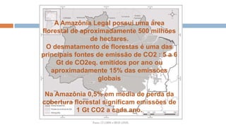 A Amazônia Legal possui uma área
florestal de aproximadamente 500 milhões
de hectares.
O desmatamento de florestas é uma das
principais fontes de emissão de CO2 : 5 a 6
Gt de CO2eq. emitidos por ano ou
aproximadamente 15% das emissões
globais
Na Amazônia 0,5% em média de perda da
cobertura florestal significam emissões de
1 Gt CO2 a cada ano.
 