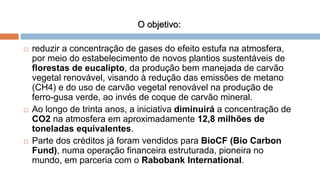 O objetivo:
 reduzir a concentração de gases do efeito estufa na atmosfera,
por meio do estabelecimento de novos plantios sustentáveis de
florestas de eucalipto, da produção bem manejada de carvão
vegetal renovável, visando à redução das emissões de metano
(CH4) e do uso de carvão vegetal renovável na produção de
ferro-gusa verde, ao invés de coque de carvão mineral.
 Ao longo de trinta anos, a iniciativa diminuirá a concentração de
CO2 na atmosfera em aproximadamente 12,8 milhões de
toneladas equivalentes.
 Parte dos créditos já foram vendidos para BioCF (Bio Carbon
Fund), numa operação financeira estruturada, pioneira no
mundo, em parceria com o Rabobank International.
 