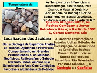 Temperatura da
Rocha
As Temperaturas Influenciam a
Transformação das Rochas, Pois
Quando o Material Orgânico
(Aprisionado na Rocha) é Cozido
Lentamente em Escala Geológica,
Transforma-se em Óleo a Partir de 60º
C.
Quando Atingem 90º C, as
Rochas Começam a Jorrar
Petróleo e Gás e, a Partir de 150º
C, Geram Somente Gás
Localização das Jazidas: A Moderna Exploração do
Petróleo Utiliza Métodos de
Investigação de Áreas Onde
as Condições Básicas
Possam Existir. Várias
Etapas da Pesquisa
Petrolífera São Orientadas
Por Duas Ciências: _ a
Geologia e a Geofísica
Daí, a Geologia de Superfície Analisa
as Rochas, Ajudando a Prever Seu
Comportamento em Grandes
Profundidades e, os Métodos
Geofísicos, Radiografam o Subsolo
Trazendo Dados Valiosos Que
Selecionarão a Área Com Condições
Favoráveis à Existência de Petróleo
 