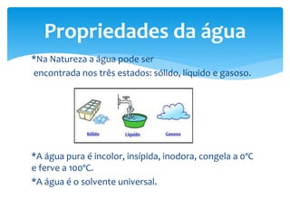 *Na Natureza a água pode ser
encontrada nos três estados: sólido, líquido e gasoso.
*A água pura é incolor, insípida, inodora, congela a 0ºC
e ferve a 100ºC.
*A água é o solvente universal.
Propriedades da água
 