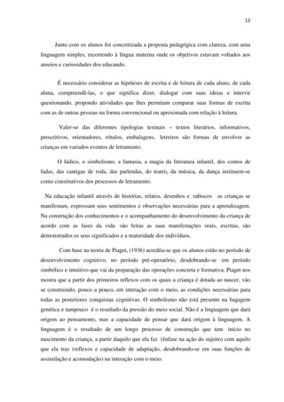 12
Junto com os alunos foi concretizada a proposta pedagógica com clareza, com uma
linguagem simples, recorrendo à língua materna onde os objetivos estavam voltados aos
anseios e curiosidades dos educando.
É necessário considerar as hipóteses de escrita e de leitura de cada aluno, de cada
aluna, compreendê-las, o que significa dizer, dialogar com suas ideias e intervir
questionando, propondo atividades que lhes permitam comparar suas formas de escrita
com as de outras pessoas na forma convencional ou aproximada com relação à leitura.
Valer-se das diferentes tipologias textuais – textos literários, informativos,
prescritivos, orientadores, rótulos, embalagens, letreiros são formas de envolver as
crianças em variados eventos de letramento.
O lúdico, o simbolismo, a fantasia, a magia da literatura infantil, dos contos de
fadas, das cantigas de roda, das parlendas, do teatro, da música, da dança instituem-se
como constitutivos dos processos de letramento.
Na educação infantil através de histórias, relatos, desenhos e rabiscos as crianças se
manifestam, expressam seus sentimentos e observações necessárias para a aprendizagem.
Na construção dos conhecimentos e o acompanhamento do desenvolvimento da criança de
acordo com as fases da vida são feitas as suas manifestações orais, escritas, são
demonstrados os seus significados e a maturidade dos indivíduos.
Com base na teoria de Piaget, (1936) acredita-se que os alunos estão no período de
desenvolvimento cognitivo, no período pré-operatório, desdobrando-se em período
simbólico e intuitivo que vai da preparação das operações concreta e formativa. Piaget nos
mostra que a partir dos primeiros reflexos com os quais a criança é dotada ao nascer, vão
se construindo, pouco a pouco, em interação com o meio, as condições necessárias para
todas as posteriores conquistas cognitivas. O simbolismo não está presente na bagagem
genética e tampouco é o resultado da pressão do meio social. Não é a linguagem que dará
origem ao pensamento, mas a capacidade de pensar que dará origem à linguagem. A
linguagem é o resultado de um longo processo de construção que tem início no
nascimento da criança, a partir daquilo que ela faz (ênfase na ação do sujeito) com aquilo
que ela traz (reflexos e capacidade de adaptação, desdobrando-se em suas funções de
assimilação e acomodação) na interação com o meio.
 