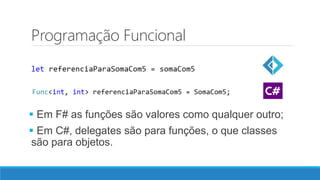 Programação Funcional
 Em F# as funções são valores como qualquer outro;
 Em C#, delegates são para funções, o que classes
são para objetos.
 