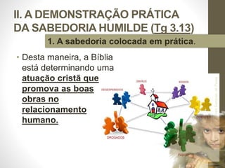 II. A DEMONSTRAÇÃO PRÁTICA
DA SABEDORIA HUMILDE (Tg 3.13)
• Desta maneira, a Bíblia
está determinando uma
atuação cristã que
promova as boas
obras no
relacionamento
humano.
Pr.MoisésSampaiodePaula
33
1. A sabedoria colocada em prática.
 