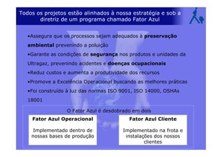 Todos os projetos estão alinhados à nossa estratégia e sob a
diretriz de um programa chamado Fator Azul
•Assegura que os processos sejam adequados à preservação
ambiental prevenindo a poluição
•Garante as condições de segurança nos produtos e unidades da
Ultragaz, prevenindo acidentes e doenças ocupacionais
•Reduz custos e aumenta a produtividade dos recursos
•Promove a Excelência Operacional buscando as melhores práticas
•Foi construído à luz das normas ISO 9001, ISO 14000, OSHAs
18001
O Fator Azul é desdobrado em dois
Fator Azul Operacional
Implementado dentro de
nossas bases de produção
Fator Azul Cliente
Implementado na frota e
instalações dos nossos
clientes
 