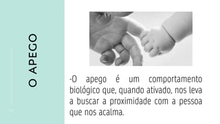 O
APEGO
1 0
-O apego é um comportamento
biológico que, quando ativado, nos leva
a buscar a proximidade com a pessoa
que nos acalma.
 