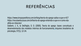REFERÊNCIAS
https://www.sinopsyseditora.com.br/blog/teoria-do-apego-saiba-o-que-e-417
https://escolaeducacao.com.br/teoria-do-apego-entenda-o-que-e-e-como-ela-
afeta-as-relacoes/
Dalbem, J. X., & Dell'Aglio, D. D. (2005). Teoria do apego: bases conceituais e
desenvolvimento dos modelos internos de funcionamento. Arquivos brasileiros de
psicologia, 57(1), 12-24.
 