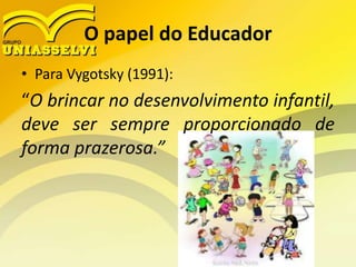 O papel do Educador
• Para Vygotsky (1991):
“O brincar no desenvolvimento infantil,
deve ser sempre proporcionado de
forma prazerosa.”
 