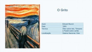 O Grito 
Autor Edvard Munch 
Data 1893 
Técnica Óleo sobre tela, Têmpera 
e Pastel sobre cartão 
Localização Galeria Nacional, Oslo 
 
