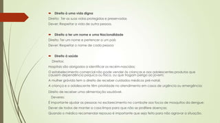  Direito à uma vida digna
Direito: Ter as suas vidas protegidas e preservadas
Dever: Respeitar a vida de outra pessoa.
 Direito a ter um nome e uma Nacionalidade
Direito: Ter um nome e pertencer a um país
Dever: Respeitar o nome de cada pessoa
 Direito à saúde
Direitos:
Hospitais são obrigados a identificar os recém-nascidos;
O estabelecimento comercial não pode vender às crianças e aos adolescentes produtos que
causem dependência psíquica ou física, ou que tragam perigo ao jovem;
A mulher grávida tem o direito de receber cuidados médicos pré-natal;
A criança e o adolescente têm prioridade no atendimento em casos de urgência ou emergência;
Direito de receber uma alimentação saudável.
Deveres:
É importante ajudar as pessoas no esclarecimento no combate aos focos de mosquitos da dengue;
Dever de todos de manter a casa limpa para que não se prolifere doenças;
Quando o médico recomendar repouso é importante que seja feito para não agravar a situação.
 