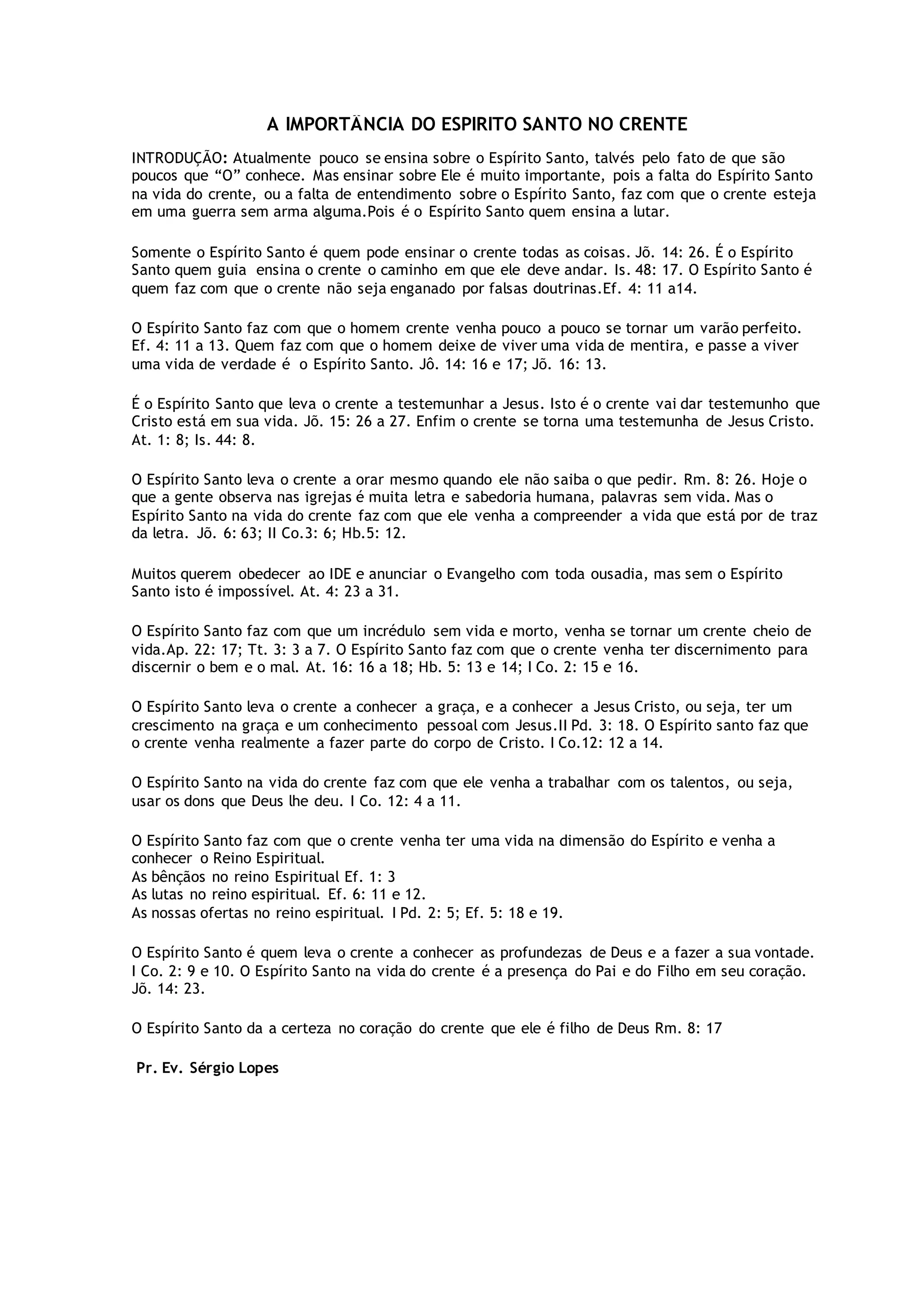 A importância do espirito santo no crente | DOCX