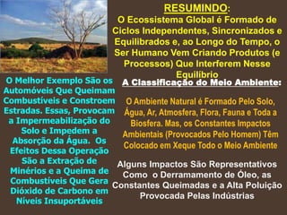 RESUMINDO:
O Ecossistema Global é Formado de
Ciclos Independentes, Sincronizados e
Equilibrados e, ao Longo do Tempo, o
Ser Humano Vem Criando Produtos (e
Processos) Que Interferem Nesse
Equilíbrio
O Melhor Exemplo São os
Automóveis Que Queimam
Combustíveis e Constroem
Estradas. Essas, Provocam
a Impermeabilização do
Solo e Impedem a
Absorção da Água. Os
Efeitos Dessa Operação
São a Extração de
Minérios e a Queima de
Combustíveis Que Gera
Dióxido de Carbono em
Níveis Insuportáveis
A Classificação do Meio Ambiente:
O Ambiente Natural é Formado Pelo Solo,
Água, Ar, Atmosfera, Flora, Fauna e Toda a
Biosfera. Mas, os Constantes Impactos
Ambientais (Provocados Pelo Homem) Têm
Colocado em Xeque Todo o Meio Ambiente
Alguns Impactos São Representativos
Como o Derramamento de Óleo, as
Constantes Queimadas e a Alta Poluição
Provocada Pelas Indústrias
 