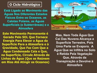 O Ciclo Hidrológico
Está Ligado ao Movimento das
Águas Nos Diferentes Estados
Físicos Entre os Oceanos, as
Calotas Polares, as Águas
Superficiais (e Subterrâneas) e a
Atmosfera
Este Movimento Permanente é
Gerado Pelo SOL Que Fornece
Energia Para Elevar a Água da
Superfície Para a Atmosfera e à
Gravidade, Que Faz Com Que a
Água Condensada Caia e Que,
na Superfície, Circule Através de
Linhas de Água (Que se Reúnem
em Rios Até Atingir os Oceanos)
Mas, Nem Toda Água Que
Cai Das Nuvens Alcança a
Superfície Terrestre, Pois
Uma Parte se Evapora. A
Água Que se Infiltra no Solo
é Retida Pela Vegetação
Que, Através da
Transpiração a Devolve à
Atmosfera
 