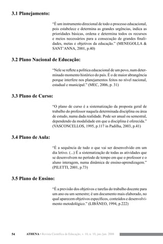 54 ATHENA • Revista Científica de Educação, v. 10, n. 10, jan./jun. 2008
3.1 Planejamento:
“É um instrumento direcional de todo o processo educacional,
pois estabelece e determina as grandes urgências, indica as
prioridades básicas, ordena e determina todos os recursos
e meios necessários para a consecução de grandes finali-
dades, metas e objetivos da educação.” (MENEGOLLA &
SANT’ANNA, 2001, p.40)
3.2 Plano Nacional de Educação:
“Nele se reflete a política educacional de um povo, num deter-
minado momento histórico do país. É o de maior abrangência
porque interfere nos planejamentos feitos no nível nacional,
estadual e municipal.” (MEC, 2006, p. 31)
3.3 Plano de Curso:
“O plano de curso é a sistematização da proposta geral de
trabalho do professor naquela determinada disciplina ou área
de estudo, numa dada realidade. Pode ser anual ou semestral,
dependendo da modalidade em que a disciplina é oferecida.”
(VASCONCELLOS, 1995, p.117 in Padilha, 2003, p.41)
3.4 Plano de Aula:
“É a sequência de tudo o que vai ser desenvolvido em um
dia letivo. (...) É a sistematização de todas as atividades que
se desenvolvem no período de tempo em que o professor e o
aluno interagem, numa dinâmica de ensino-aprendizagem.”
(PILETTI, 2001, p.73)
3.5 Plano de Ensino:
“É a previsão dos objetivos e tarefas do trabalho docente para
um ano ou um semestre; é um documento mais elaborado, no
qual aparecem objetivos específicos, conteúdos e desenvolvi-
mento metodológico.” (LIBÂNEO, 1994, p.222)
 