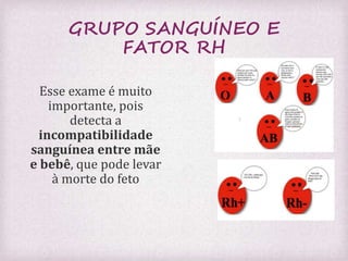 GRUPO SANGUÍNEO E 
FATOR RH 
Esse exame é muito 
importante, pois 
detecta a 
incompatibilidade 
sanguínea entre mãe 
e bebê, que pode levar 
à morte do feto 
 