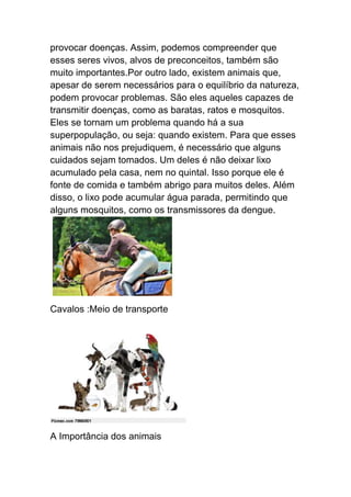provocar doenças. Assim, podemos compreender que
esses seres vivos, alvos de preconceitos, também são
muito importantes.Por outro lado, existem animais que,
apesar de serem necessários para o equilíbrio da natureza,
podem provocar problemas. São eles aqueles capazes de
transmitir doenças, como as baratas, ratos e mosquitos.
Eles se tornam um problema quando há a sua
superpopulação, ou seja: quando existem. Para que esses
animais não nos prejudiquem, é necessário que alguns
cuidados sejam tomados. Um deles é não deixar lixo
acumulado pela casa, nem no quintal. Isso porque ele é
fonte de comida e também abrigo para muitos deles. Além
disso, o lixo pode acumular água parada, permitindo que
alguns mosquitos, como os transmissores da dengue.
Cavalos :Meio de transporte
A Importância dos animais
 