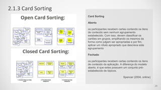 Card Sorting
Aberto
os participantes recebem cartas contendo os itens
de conteúdo sem nenhum agrupamento
estabelecido. Com...