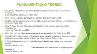 FUNDAMENTAÇÃO TEÓRICA
 LIMA, Licínio. Organização escolar e democracia radical: Paulo Freire e a governação
democrática
da escola pública. São Paulo: Cortez, 2002.
 LUCK, Heloísa. A Gestão participativa na escola. Petrópolis: Vozes, 2008.
 OLIVEIRA, Maria Auxiliadora Monteiro. Gestão educacional: novos olhares, novas abordagens.
Petrópolis: Vozes, 2005.
 PADILHA, Paulo Roberto. Planejamento dialógico: como construir o projeto político
pedagógico da
escola. São Paulo: Cortez, 2005.
 PARO, Vitor Henrique. Gestão democrática da escola pública. São Paulo: Ática, 2001.
 VASCONCELLOS, Celso dos Santos. Coordenação do trabalho pedagógico: do projeto político
pedagógico ao cotidiano da sala de aula. São Paulo: Libertad Editora, 2009.
 VEIGA, Ilma Passos Alencastro. Projeto Político-Pedagógico da escola: Uma construção
possível.
Campinas: Papirus, 1995.
____________________________. Quem sabe faz a hora de construir o projeto político
pedagógico.
Campinas: Papirus, 2007.
 