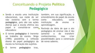 Conceituando o Projeto Político
Pedagógico
 Sendo a escola uma instituição
educacional, sua razão de ser
não existiria sem o termo
pedagógico, pois são nas ações
diárias que a escola efetiva seu
papel e consolida-se como
educadora:
 O termo pedagógico é inerente
ao trabalho da escola. Veiga
(1995) possibilita a reflexão
diante do papel pedagógico da
escola na formação dos sujeitos.
 O termo pedagógico traz,
também, em sua significação, o
entendimento do papel da escola
como educadora, como
instituição de ensino e
aprendizagem.
 Partindo da ideia de que o ato
pedagógico de ensinar não é tão
somente o de transferir
conhecimentos, mas criar
possibilidades para a construção
de novos saberes.
 