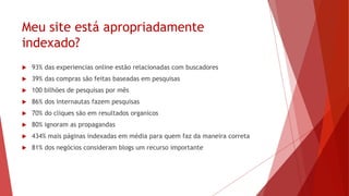 Desenvolvendo seu site
 Dominio
 Hospedagem
 Tecnologias
 Propósito
 Layout e Cor
 Site Map
 Conteúdo
 Audiência
 Propaganda
 Não ter Popup
 Design Atrativo
 Botões Atrativo
 Imagens
 Navegação Simples
 Conteúdo Atualizado
 Otimizado
 Cross Browser
 Screen Resolution
 Social Media
 Tipografia
 Registro de Usuários
 Tracking e Analytics
 Segurança
 Rodapé
 