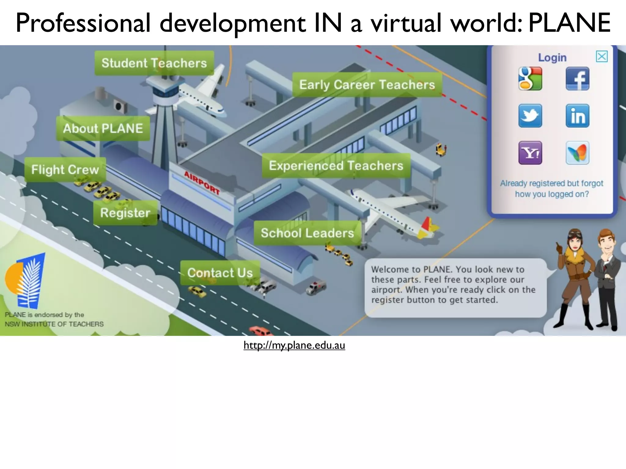 Professional development IN a virtual world: PLANE




                   http://my.plane.edu.au
 