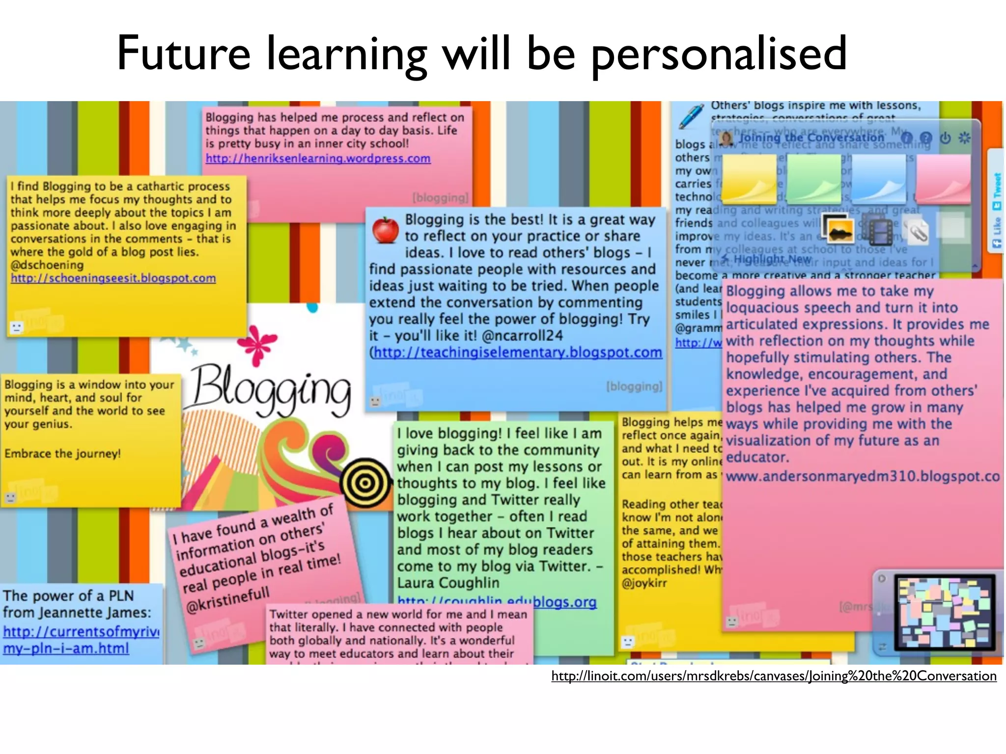 Future learning will be personalised




                     http://linoit.com/users/mrsdkrebs/canvases/Joining%20the%20Conversation
 