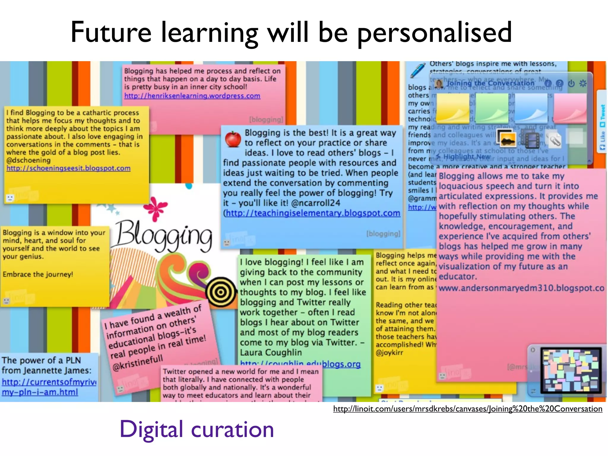 Future learning will be personalised




                       http://linoit.com/users/mrsdkrebs/canvases/Joining%20the%20Conversation

    Digital curation
 