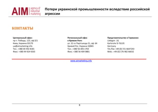 Потери украинской промышленности вследствие российской
агрессии
8
КОНТАКТЫ
Центральный офис:
пр-т. Победы, 123, оф.321
Киев, Украина 03179
ua@aimarketing.info
Тел.: +380 44 592 8181
Факс: +380 44 424 4263
Региональный офис
в Кривом Роге:
ул. 22-го Партсъезда 21, оф. 64
Кривой Рог, Украина 50065
Тел.: +380 56 405 1703
Факс: +380 56 404 0881
Представительство в Германии:
Liebigstr. 10,
Karlsruhe D-76135
Germany
Теl./fax: +49 (0) 721 6647243
Mob.: +49 (0) 176 482 66632
www.aimarketing.info
 