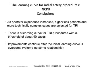 The learning curve for radial artery procedures: 
NCDR 
Conclusions 
• As operator experience increases, higher risk patients and 
more technically complex cases are selected for TRI 
• There is a learning curve for TRI procedures with a 
threshold of about 40 cases 
• Improvements continue after the initial learning curve is 
overcome (volume-outcome relationship) 
Hess et al Circ 2014; 129:2277-86 
Wake Forest School of Medicine AimRADIAL 2014 
 