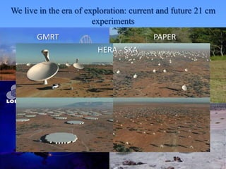 We live in the era of exploration: current and future 21 cm
experiments
GMRT
LOFAR
PAPER
MWA
HERA - SKA
 