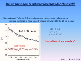 Do we know how to subtract foregrounds? How well?
• Subtraction of Galactic diffuse emission and extragalactic radio sources:
they are supposed to have smooth spectra compared to the 21 cm signal;
EoR + FG + noise
Eor + noise
EoR ~ 5 mK
FG ~ 2 K
noise ~ 50 mK
How well does it work on data?
Jelic, .., GB, et al. 2008
 