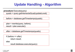 Update Handling - Algorithm
 procedure Execute(query)
    quads = query.getIntersecteQuad(updateLevel);

     before = database.getTimestamps(quads);

     plan = rewrite(query, before);
     result = plan.execute();

     after = database.getTimestamps(quads);

     if (before == after)
           return result;
     else
           result database.execute(query);


© 2012 UZH,
 