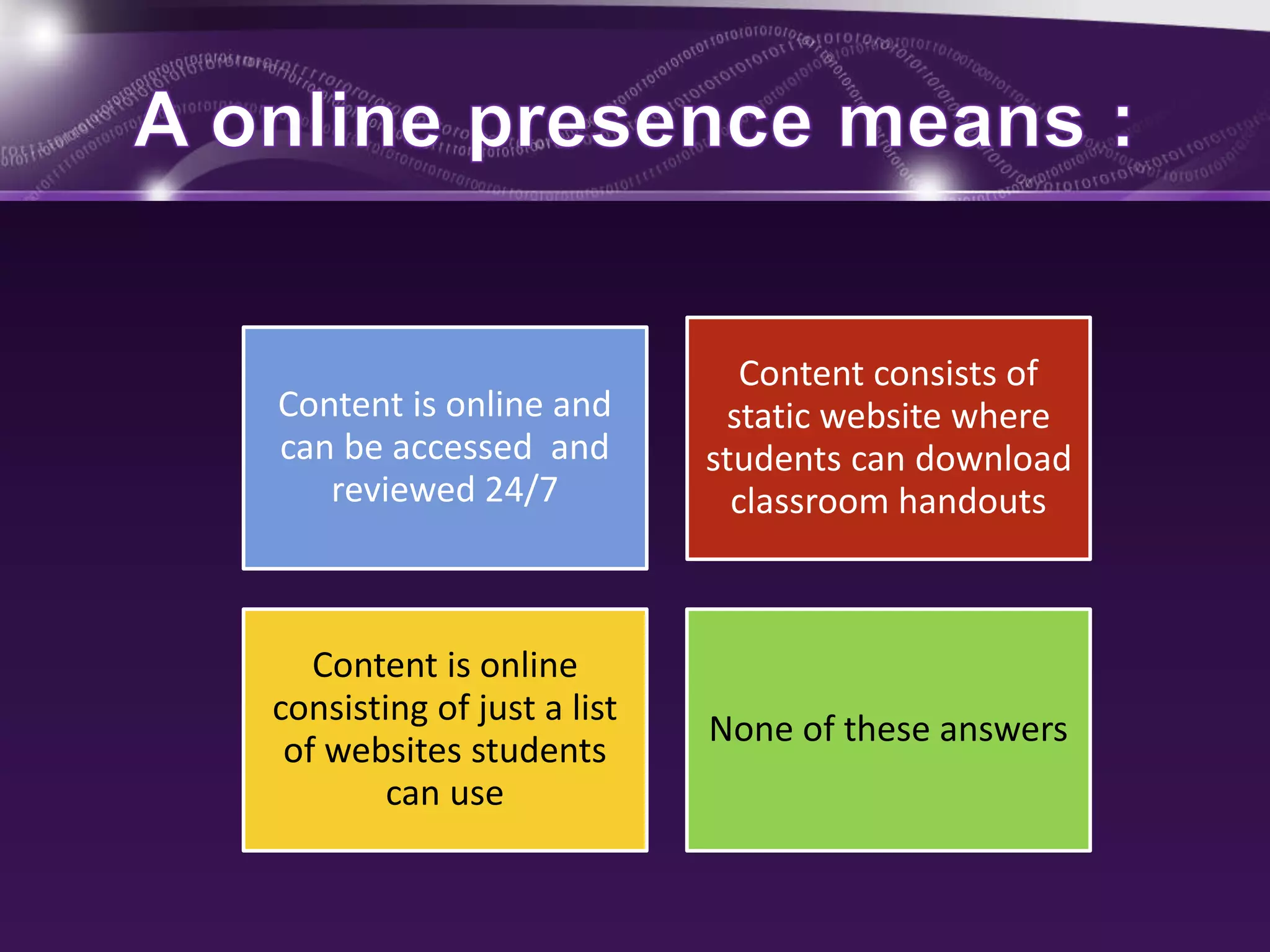 Content is online and 
can be accessed and 
reviewed 24/7 
Content consists of 
static website where 
students can download 
classroom handouts 
Content is online 
consisting of just a list 
of websites students 
can use 
None of these answers 
 
