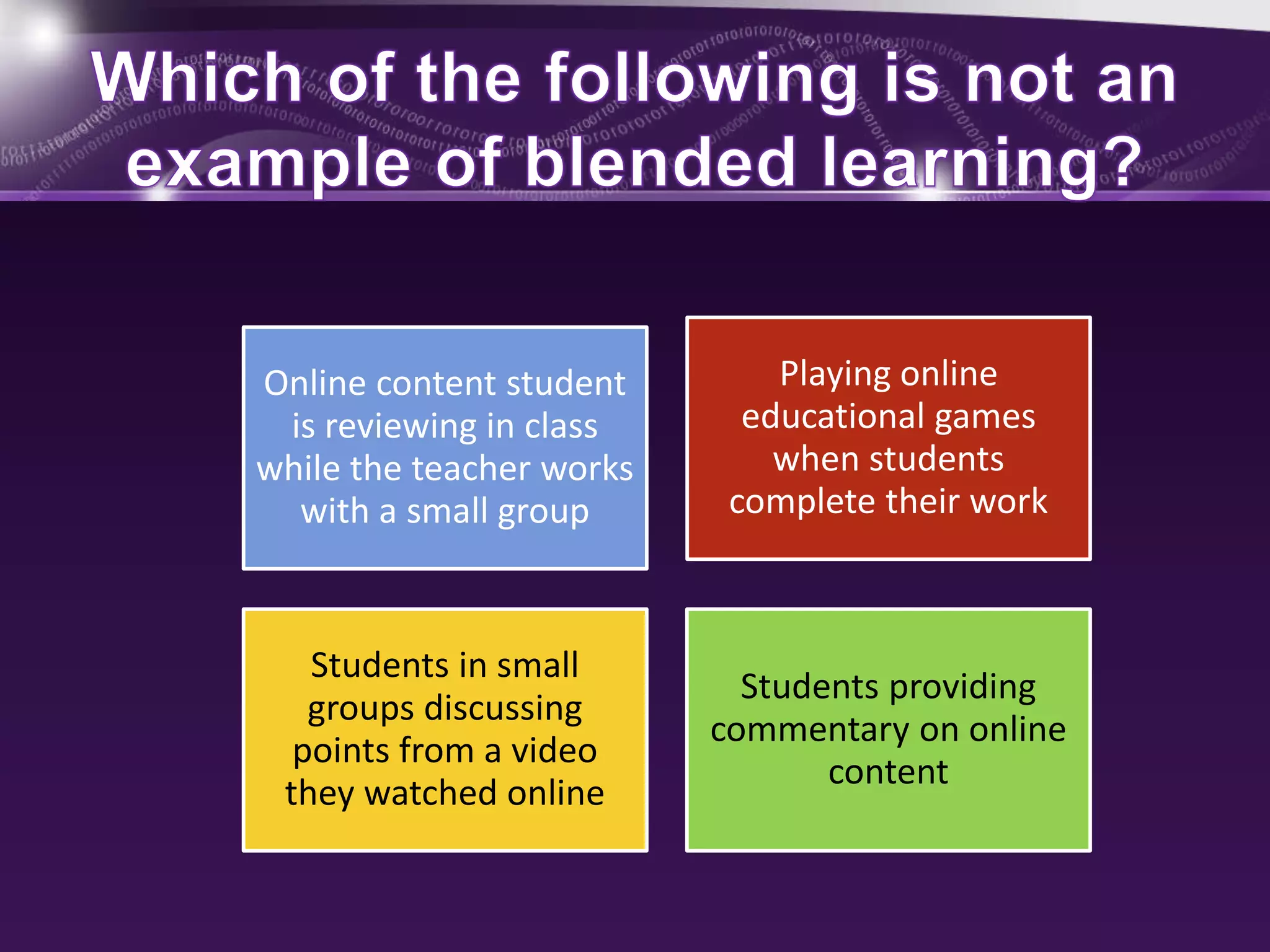 Online content student 
is reviewing in class 
while the teacher works 
with a small group 
Playing online 
educational games 
when students 
complete their work 
Students in small 
groups discussing 
points from a video 
they watched online 
Students providing 
commentary on online 
content 
 