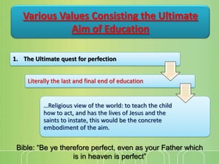 Various Values Consisting the Ultimate
Aim of Education
1. The Ultimate quest for perfection
Literally the last and final ...